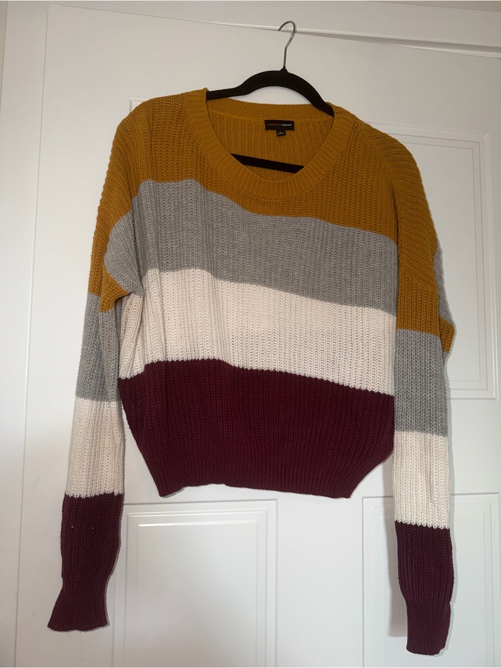 Size L Women’s Striped Crewneck Sweater in Mustard, Gray, Cream & Burgundy